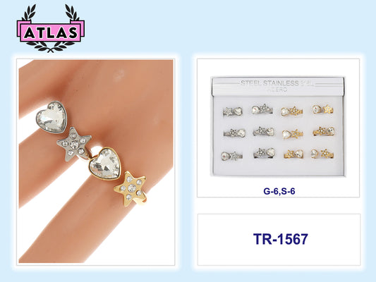 TR1567 - Stainless Steel Crystal Heart Star Ring