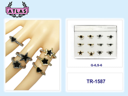 TR1587 - Stainless Steel Black Enamel Shapes Ring