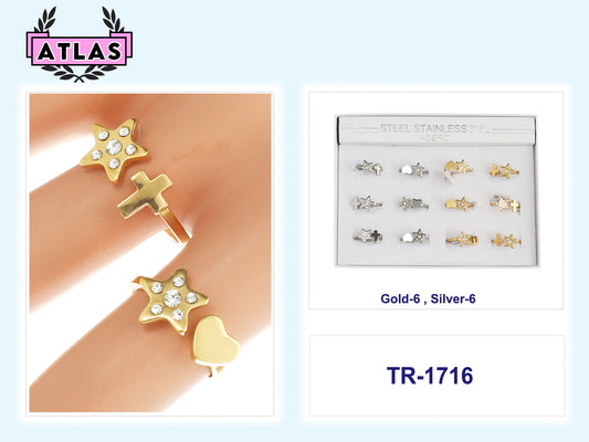 TR1716 - Stainless Steel Rhinestone Star Shapes Ring