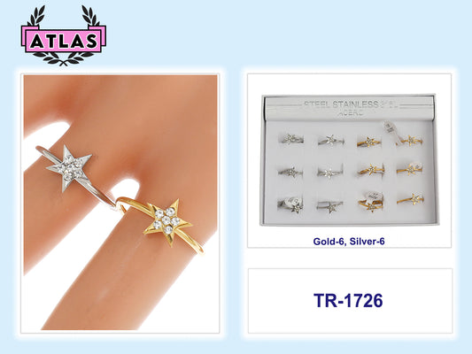 TR1726 - Stainless Steel Rhinestone Star Ring