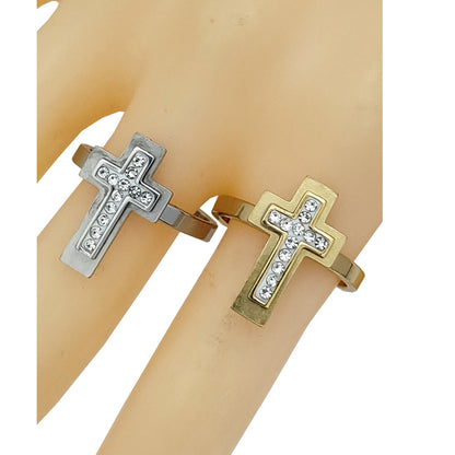 TR2009 - Stainless Steel Rhinestone Cross Ring