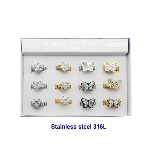 Stainless Steel Pavé Rhinestone Heart & Butterfly Ring