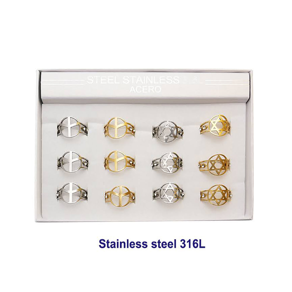 Stainless Steel Open Band Peace & Star of David Ring