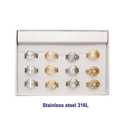 Stainless Steel Open Band Peace & Star of David Ring