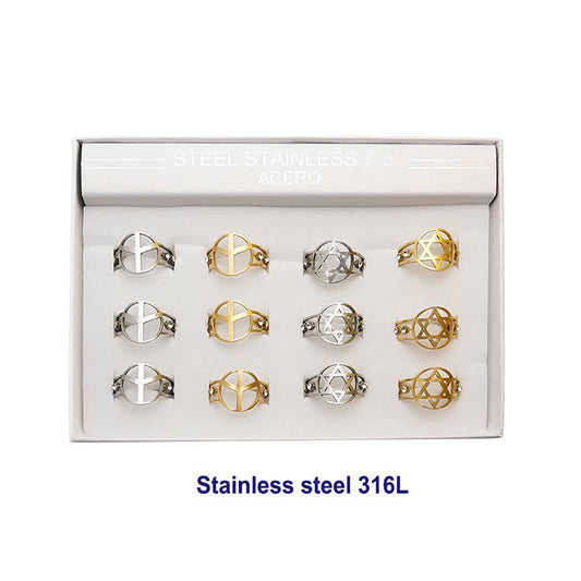 Stainless Steel Open Band Peace & Star of David Ring