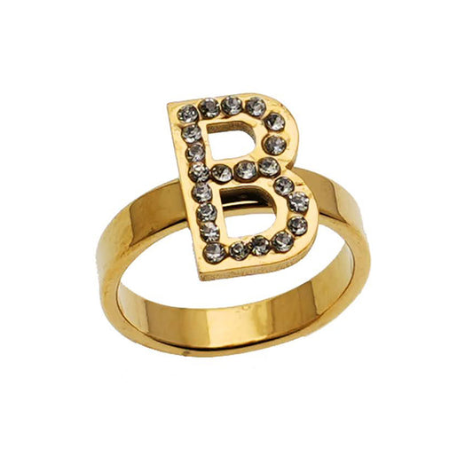 Gold Stainless Steel Rhinestone Alphabet Ring