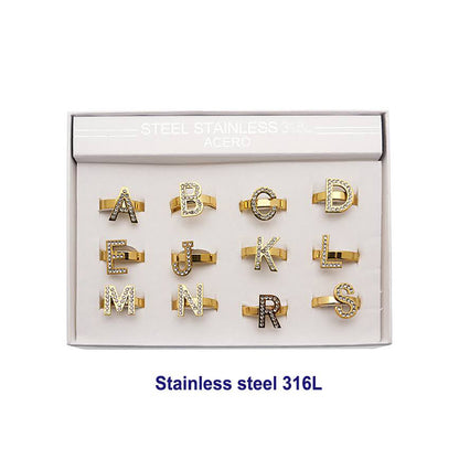 Gold Stainless Steel Rhinestone Alphabet Ring