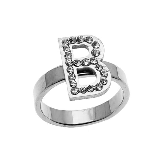 Silver Stainless Steel Rhinestone Alphabet Ring