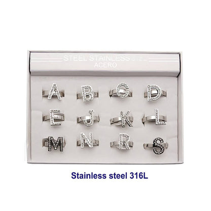 Silver Stainless Steel Rhinestone Alphabet Ring