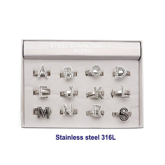 Silver Stainless Steel Rhinestone Alphabet Ring