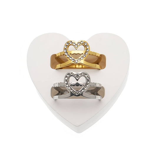 Stainless Steel Rhinestone Heart Ring