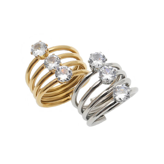 Stainless Steel Triple Diamond Ring