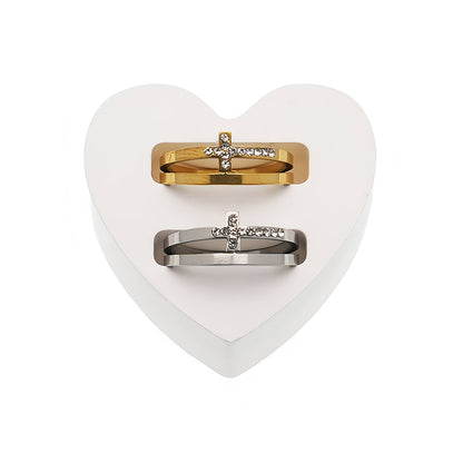Stainless Steel Rhinestone Cross Line Ring