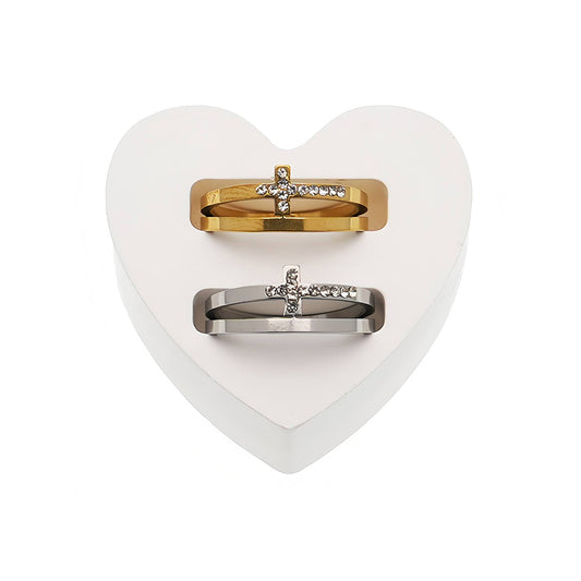 Stainless Steel Rhinestone Cross Line Ring
