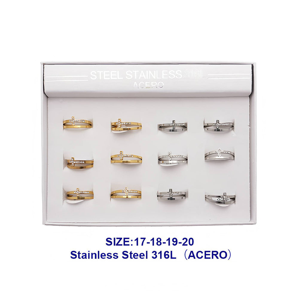 Stainless Steel Rhinestone Cross Line Ring