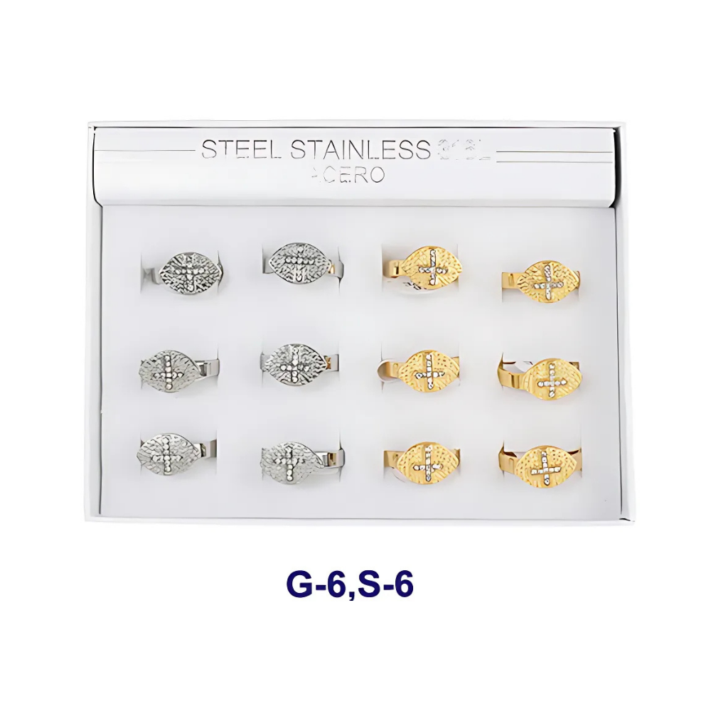 TR1556 - Stainless Steel Hammered Rhinestone Cross Ring