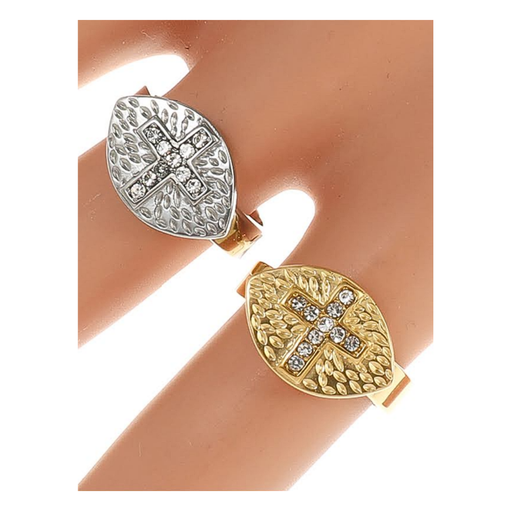 TR1556 - Stainless Steel Hammered Rhinestone Cross Ring