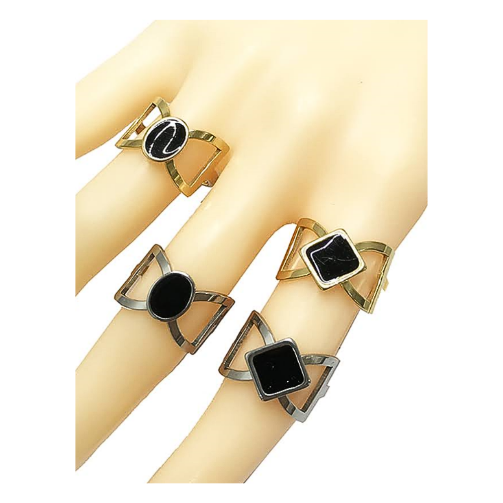 TR1588 - Stainless Steel Black Enamel Shapes Ring