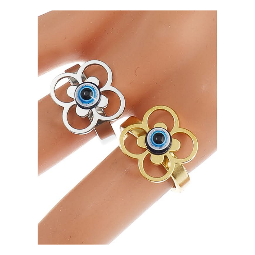 TR1775 - Stainless Steel Evil Eye Clover Ring