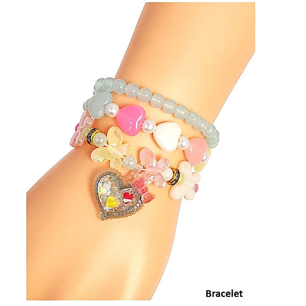 Glitter Heart Charm Bead Stretch Bracelet Set