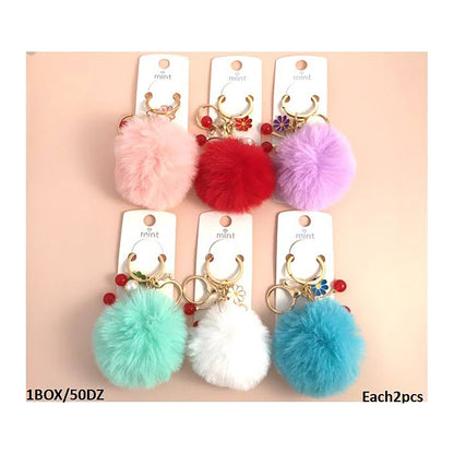 Cherry & Flower Charm Pom Pom Keychain