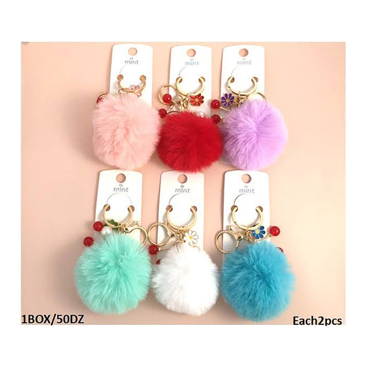 Cherry & Flower Charm Pom Pom Keychain