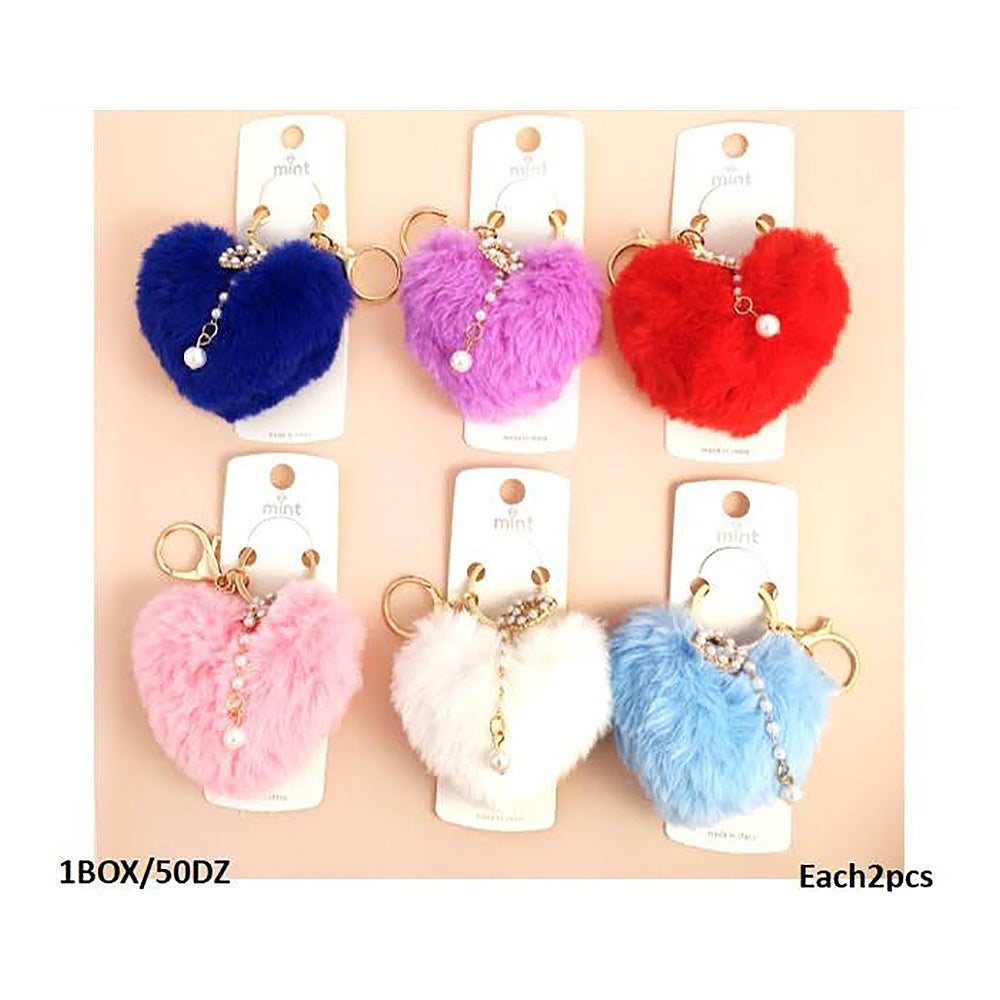 Pearl Heart Charm Pom Pom Keychain