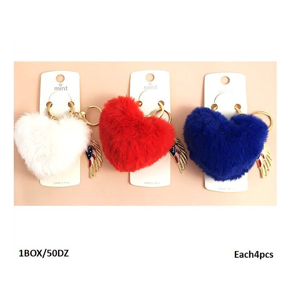 Red White Blue Heart Pom Pom Keychain