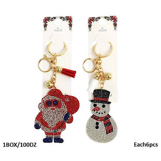 Rhinestone Christmas Santa & Snowman Keychain