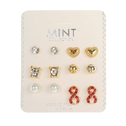 JAE37310 -  6 Pair Pink Ribbon Stud Earring Set