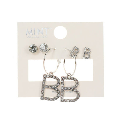 JAE38311S - 3 Pair Silver Alphabet Earring Set