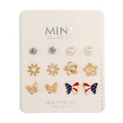 JAE38630 - 6 Pair American Flag Butterfly Stud Earring Set