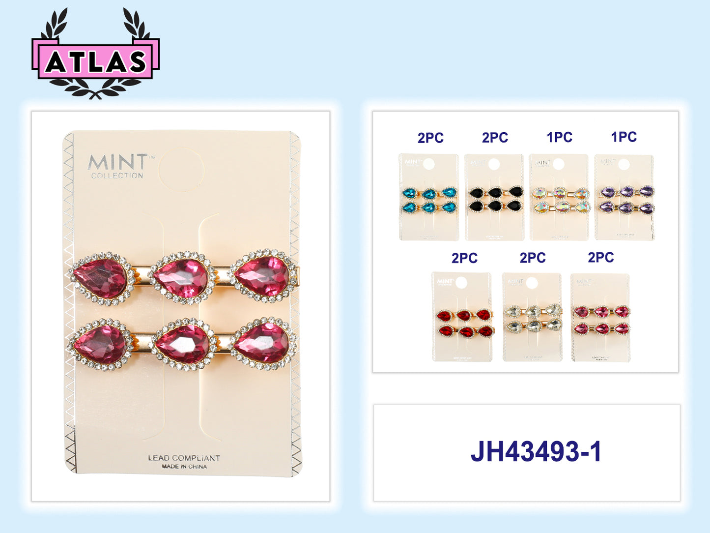 JH43493-1 - Crystal Teardrop Hair Clip Set