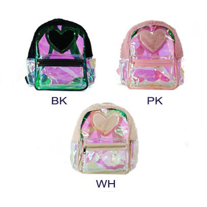 cheap holo mini backpack Mini Faux Fur Heart Holographic Backpack BK